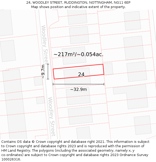 24, WOODLEY STREET, RUDDINGTON, NOTTINGHAM, NG11 6EP: Plot and title map