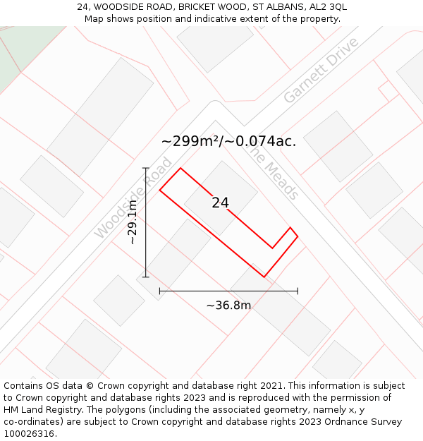 24, WOODSIDE ROAD, BRICKET WOOD, ST ALBANS, AL2 3QL: Plot and title map