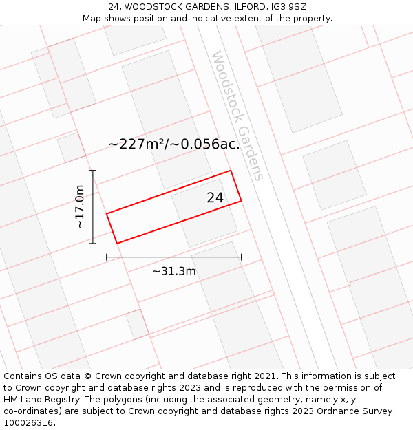 24, WOODSTOCK GARDENS, ILFORD, IG3 9SZ: Plot and title map