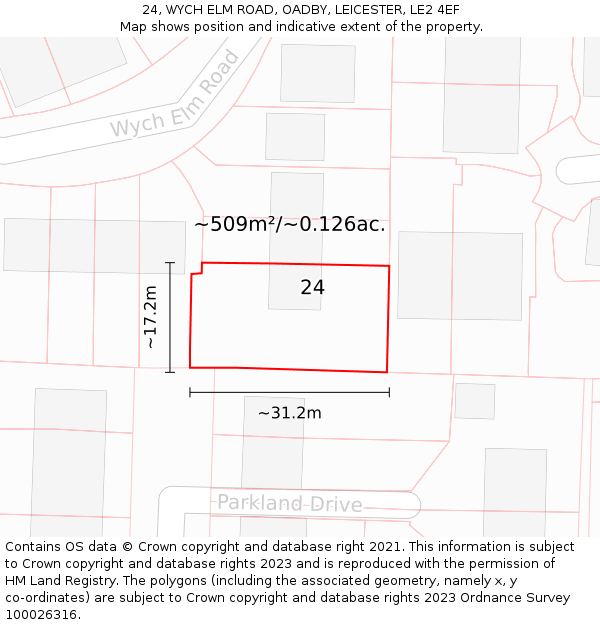 24, WYCH ELM ROAD, OADBY, LEICESTER, LE2 4EF: Plot and title map