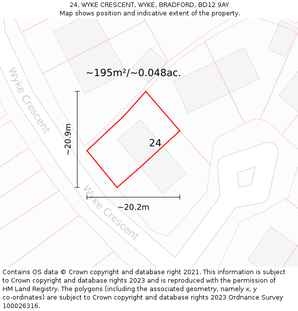 24, WYKE CRESCENT, WYKE, BRADFORD, BD12 9AY: Plot and title map