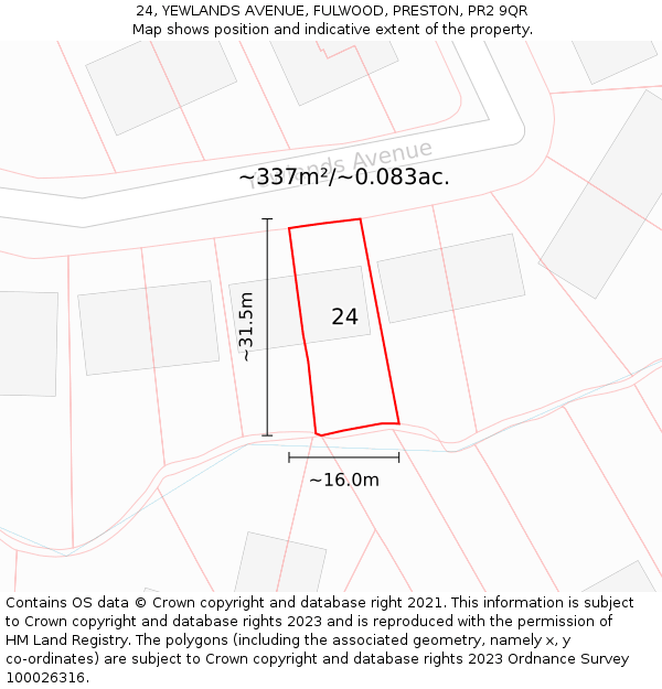 24, YEWLANDS AVENUE, FULWOOD, PRESTON, PR2 9QR: Plot and title map