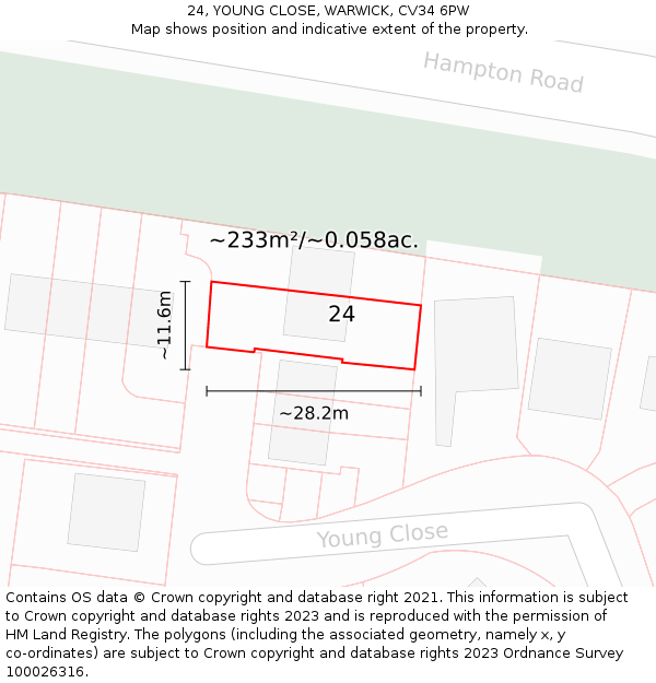 24, YOUNG CLOSE, WARWICK, CV34 6PW: Plot and title map