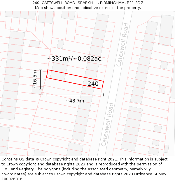 240, CATESWELL ROAD, SPARKHILL, BIRMINGHAM, B11 3DZ: Plot and title map