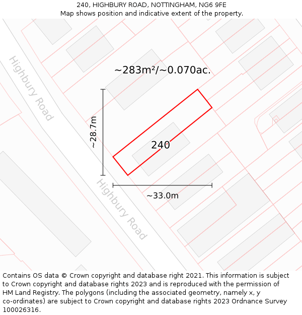 240, HIGHBURY ROAD, NOTTINGHAM, NG6 9FE: Plot and title map