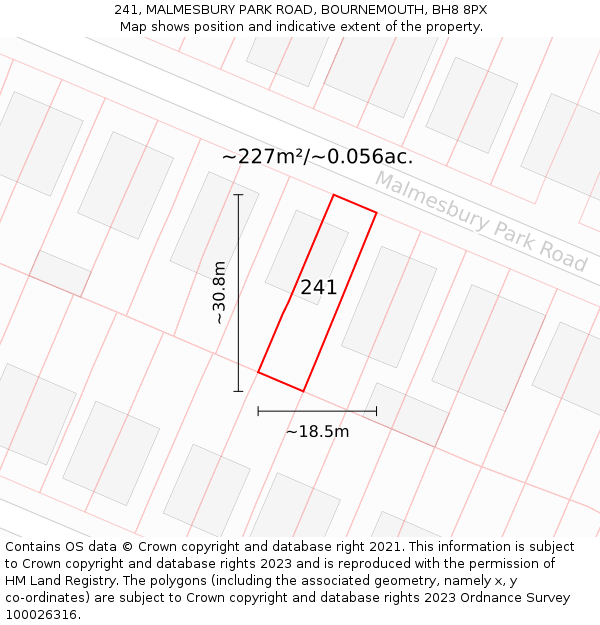 241, MALMESBURY PARK ROAD, BOURNEMOUTH, BH8 8PX: Plot and title map