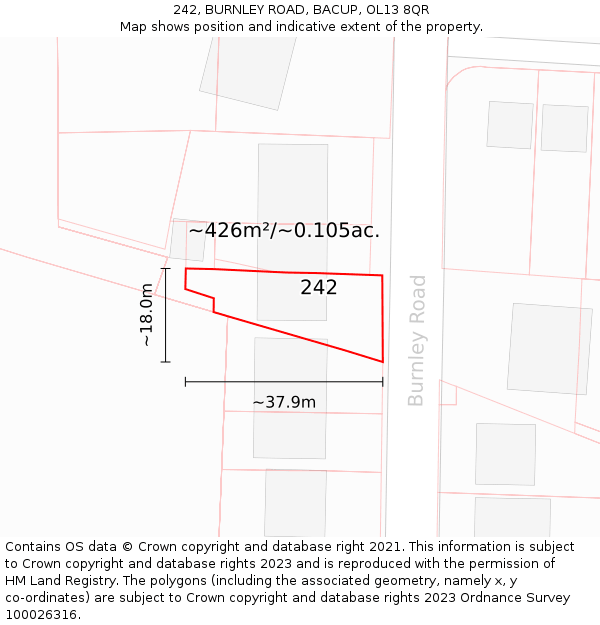 242, BURNLEY ROAD, BACUP, OL13 8QR: Plot and title map