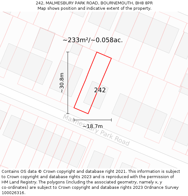 242, MALMESBURY PARK ROAD, BOURNEMOUTH, BH8 8PR: Plot and title map