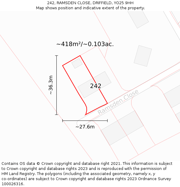 242, RAMSDEN CLOSE, DRIFFIELD, YO25 9HH: Plot and title map