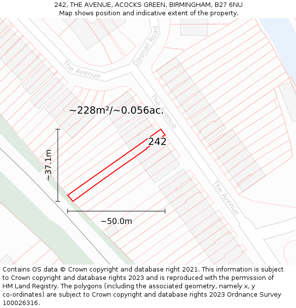 242, THE AVENUE, ACOCKS GREEN, BIRMINGHAM, B27 6NU: Plot and title map