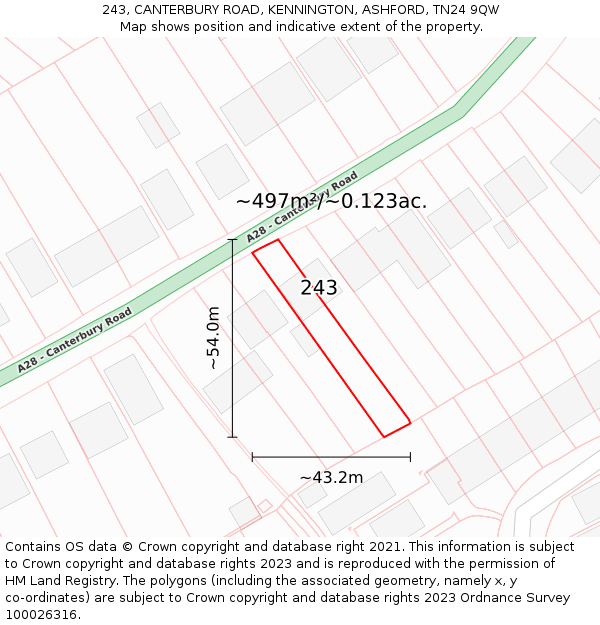 243, CANTERBURY ROAD, KENNINGTON, ASHFORD, TN24 9QW: Plot and title map