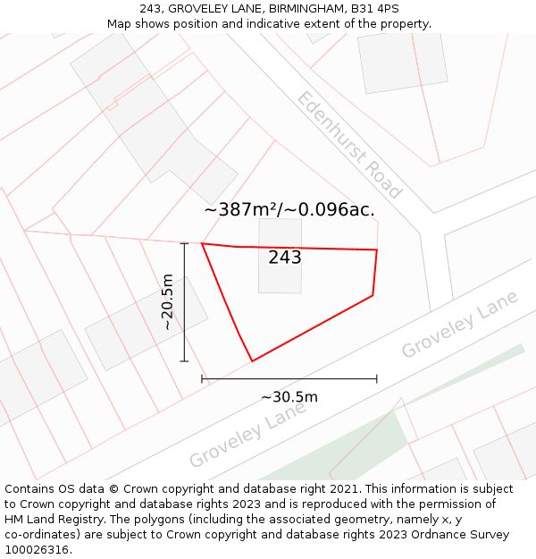 243, GROVELEY LANE, BIRMINGHAM, B31 4PS: Plot and title map