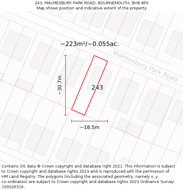 243, MALMESBURY PARK ROAD, BOURNEMOUTH, BH8 8PX: Plot and title map