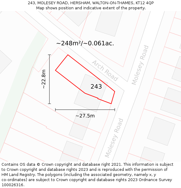 243, MOLESEY ROAD, HERSHAM, WALTON-ON-THAMES, KT12 4QP: Plot and title map