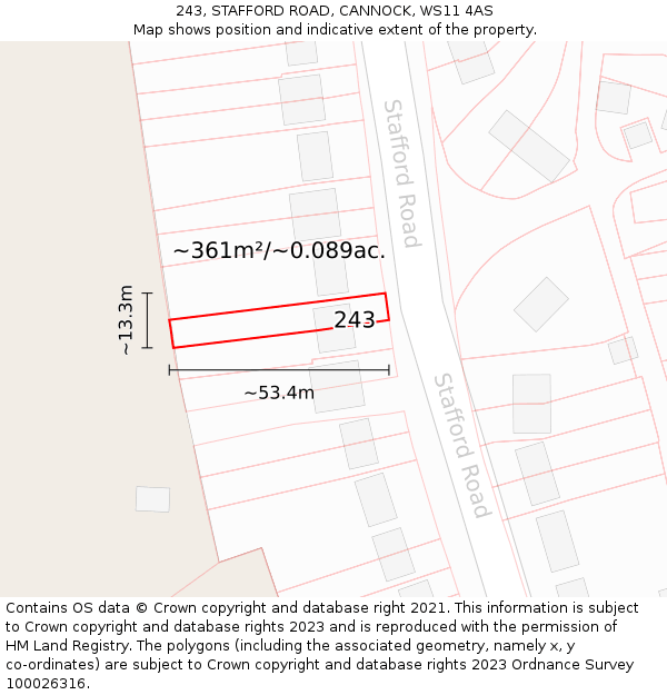 243, STAFFORD ROAD, CANNOCK, WS11 4AS: Plot and title map