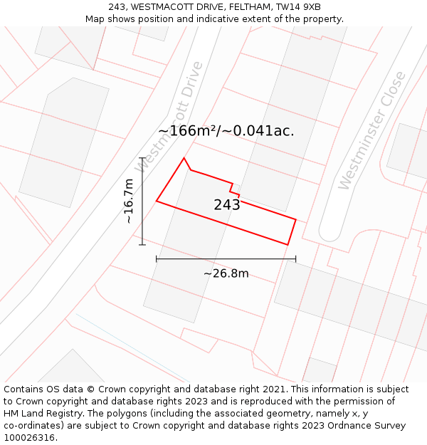 243, WESTMACOTT DRIVE, FELTHAM, TW14 9XB: Plot and title map