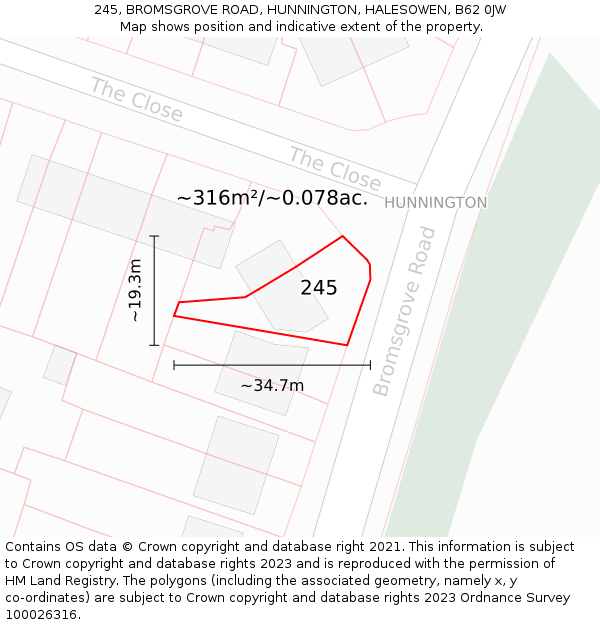 245, BROMSGROVE ROAD, HUNNINGTON, HALESOWEN, B62 0JW: Plot and title map