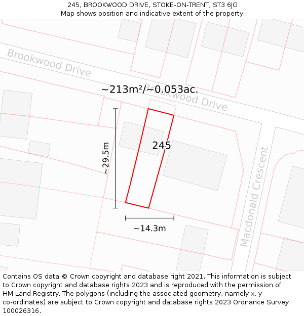245, BROOKWOOD DRIVE, STOKE-ON-TRENT, ST3 6JG: Plot and title map