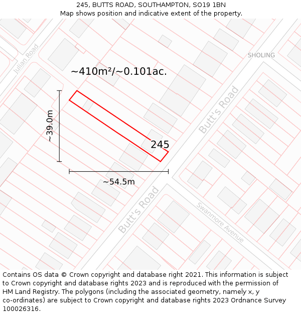 245, BUTTS ROAD, SOUTHAMPTON, SO19 1BN: Plot and title map