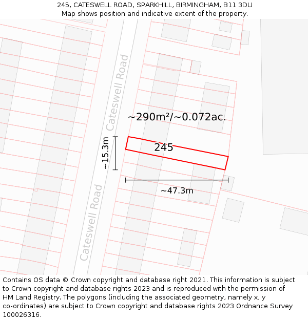 245, CATESWELL ROAD, SPARKHILL, BIRMINGHAM, B11 3DU: Plot and title map