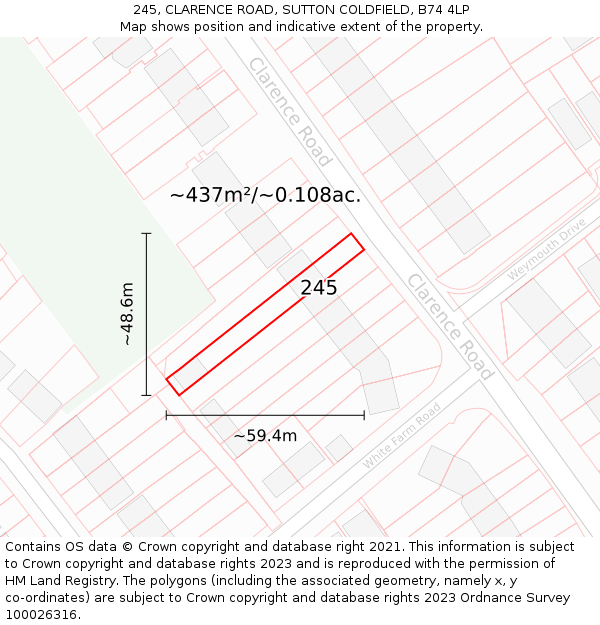 245, CLARENCE ROAD, SUTTON COLDFIELD, B74 4LP: Plot and title map