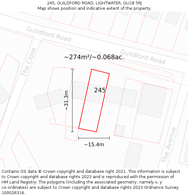 245, GUILDFORD ROAD, LIGHTWATER, GU18 5RJ: Plot and title map