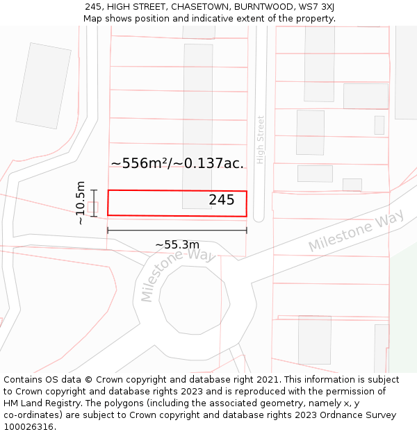 245, HIGH STREET, CHASETOWN, BURNTWOOD, WS7 3XJ: Plot and title map