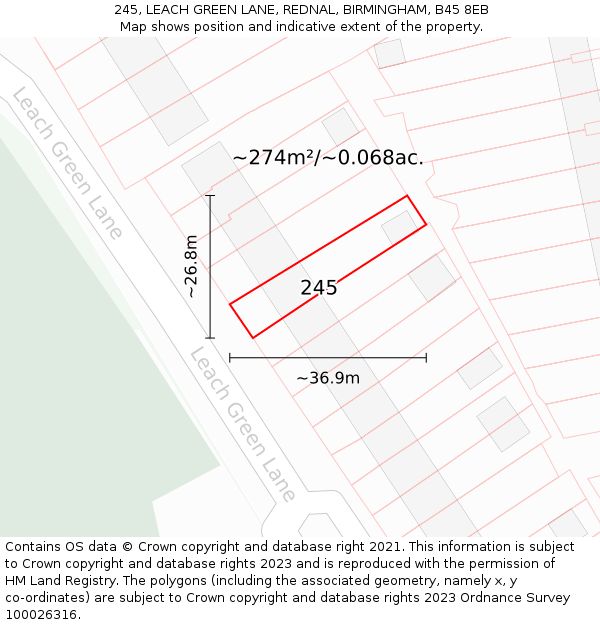 245, LEACH GREEN LANE, REDNAL, BIRMINGHAM, B45 8EB: Plot and title map