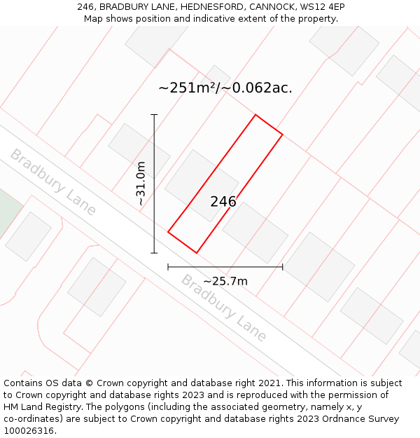 246, BRADBURY LANE, HEDNESFORD, CANNOCK, WS12 4EP: Plot and title map