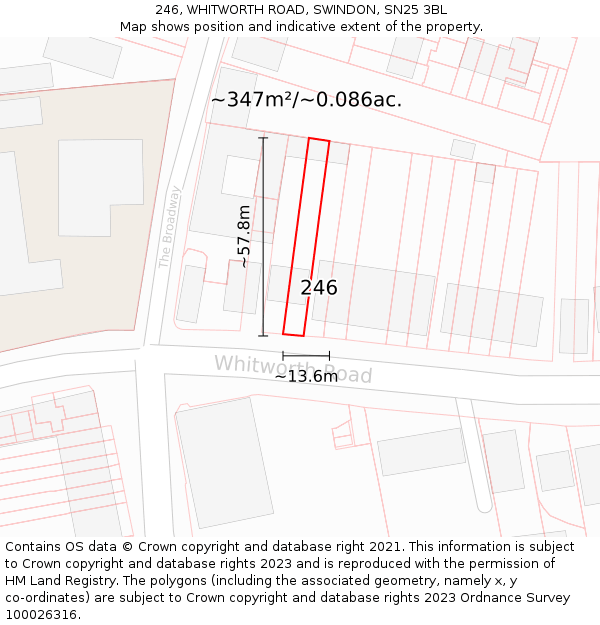 246, WHITWORTH ROAD, SWINDON, SN25 3BL: Plot and title map