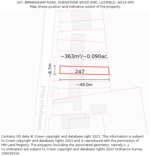 247, BIRMINGHAM ROAD, SHENSTONE WOOD END, LICHFIELD, WS14 0PD: Plot and title map