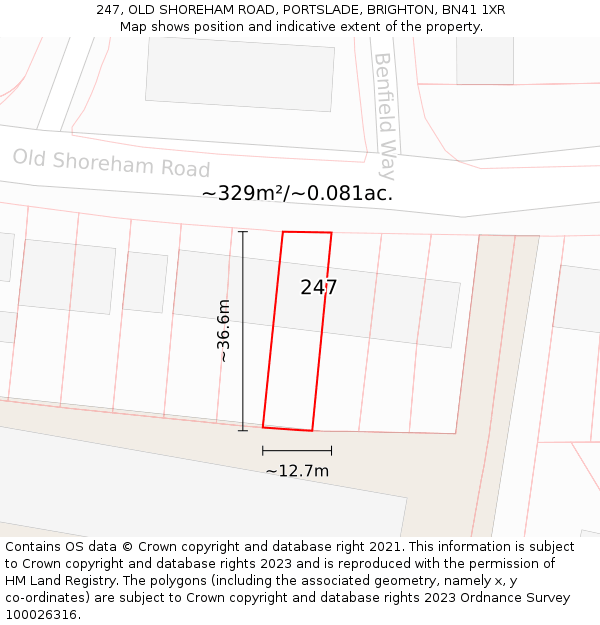 247, OLD SHOREHAM ROAD, PORTSLADE, BRIGHTON, BN41 1XR: Plot and title map