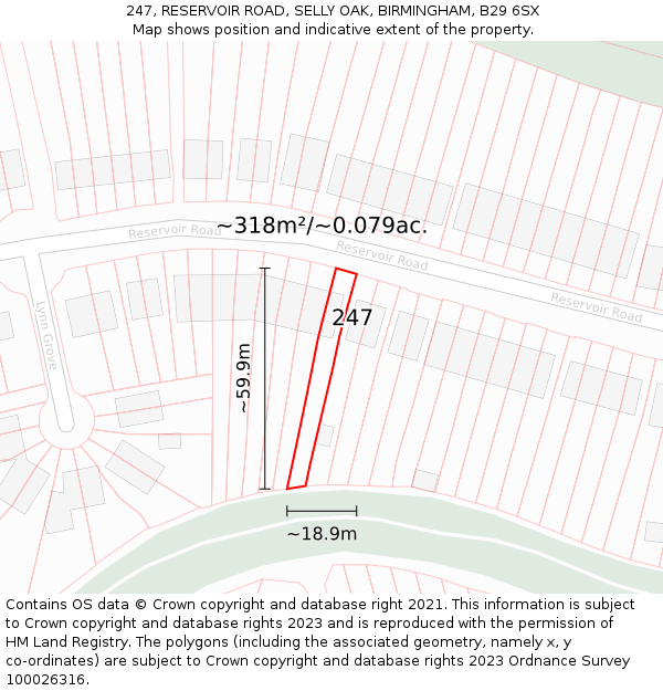 247, RESERVOIR ROAD, SELLY OAK, BIRMINGHAM, B29 6SX: Plot and title map