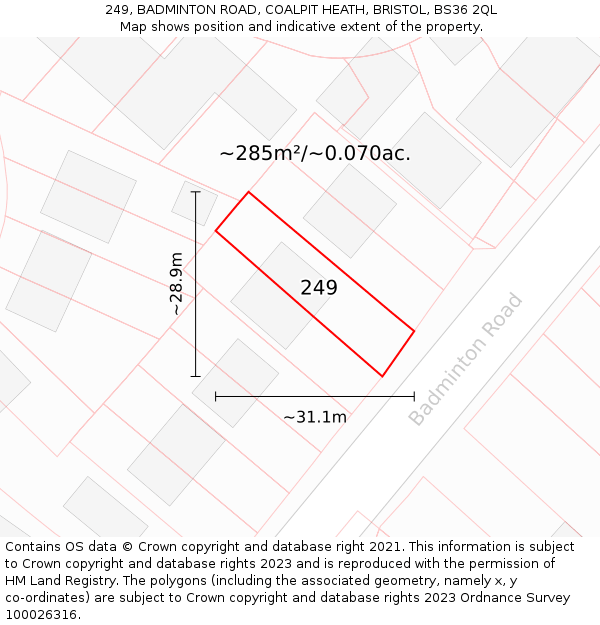 249, BADMINTON ROAD, COALPIT HEATH, BRISTOL, BS36 2QL: Plot and title map