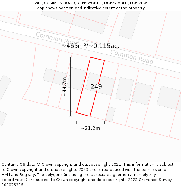 249, COMMON ROAD, KENSWORTH, DUNSTABLE, LU6 2PW: Plot and title map