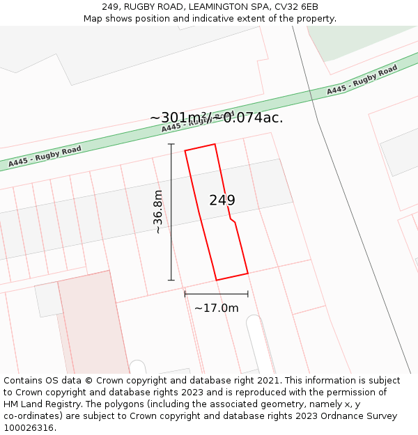 249, RUGBY ROAD, LEAMINGTON SPA, CV32 6EB: Plot and title map