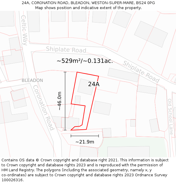 24A, CORONATION ROAD, BLEADON, WESTON-SUPER-MARE, BS24 0PG: Plot and title map