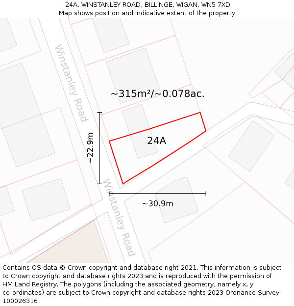 24A, WINSTANLEY ROAD, BILLINGE, WIGAN, WN5 7XD: Plot and title map