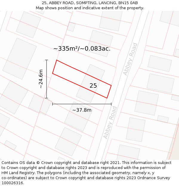 25, ABBEY ROAD, SOMPTING, LANCING, BN15 0AB: Plot and title map