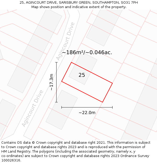 25, AGINCOURT DRIVE, SARISBURY GREEN, SOUTHAMPTON, SO31 7PH: Plot and title map