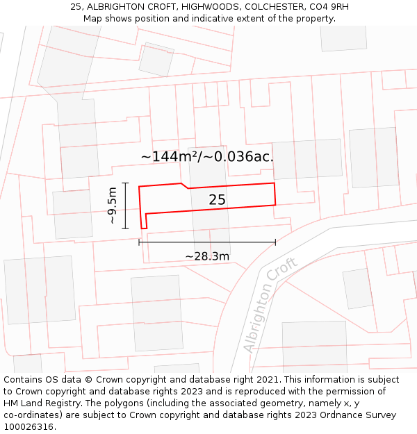 25, ALBRIGHTON CROFT, HIGHWOODS, COLCHESTER, CO4 9RH: Plot and title map