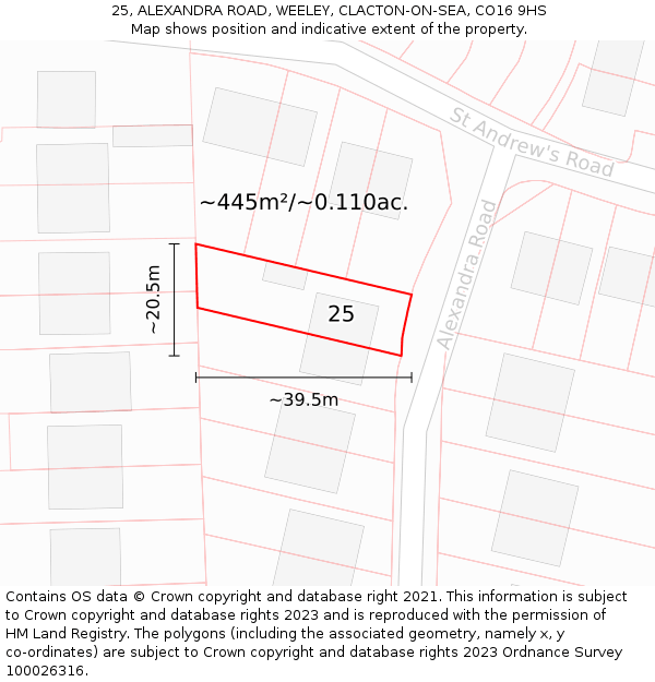 25, ALEXANDRA ROAD, WEELEY, CLACTON-ON-SEA, CO16 9HS: Plot and title map