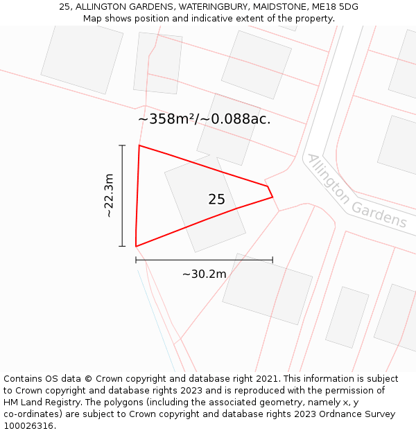 25, ALLINGTON GARDENS, WATERINGBURY, MAIDSTONE, ME18 5DG: Plot and title map