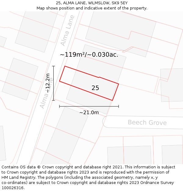 25, ALMA LANE, WILMSLOW, SK9 5EY: Plot and title map