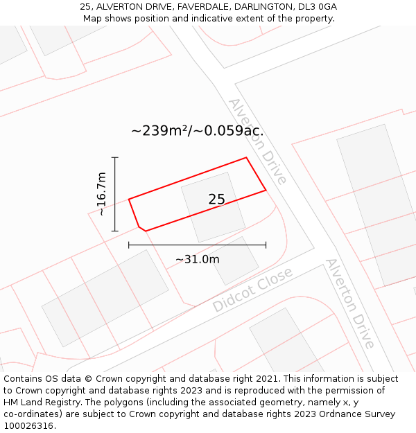 25, ALVERTON DRIVE, FAVERDALE, DARLINGTON, DL3 0GA: Plot and title map