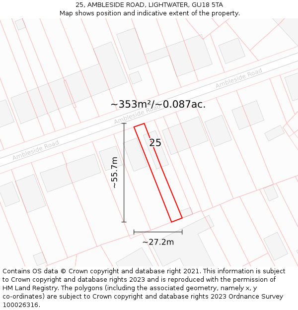 25, AMBLESIDE ROAD, LIGHTWATER, GU18 5TA: Plot and title map