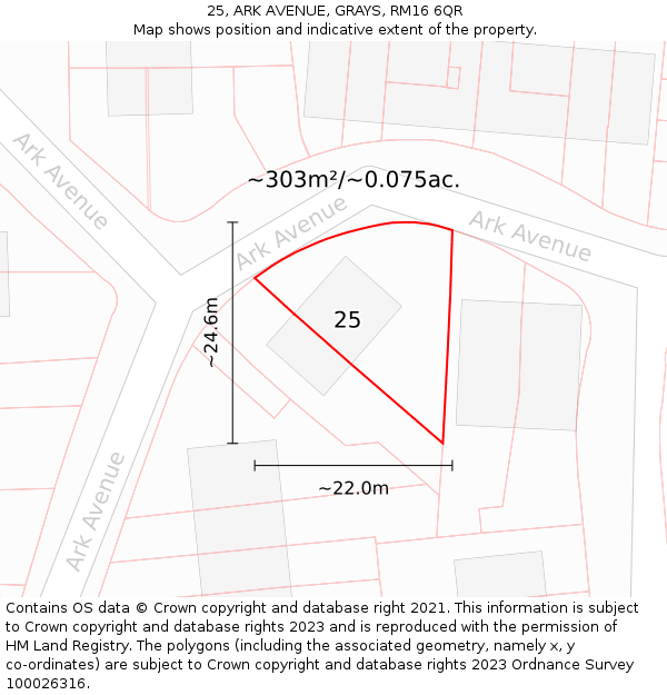 25, ARK AVENUE, GRAYS, RM16 6QR: Plot and title map