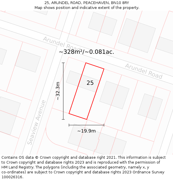 25, ARUNDEL ROAD, PEACEHAVEN, BN10 8RY: Plot and title map