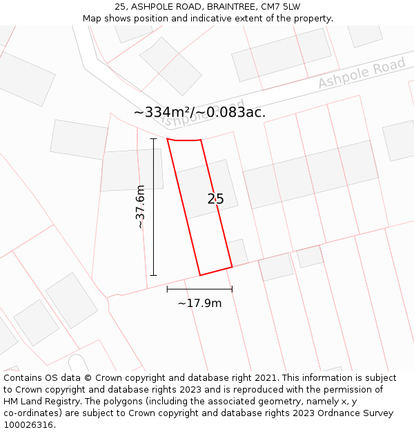 25, ASHPOLE ROAD, BRAINTREE, CM7 5LW: Plot and title map