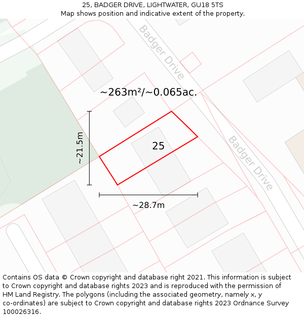 25, BADGER DRIVE, LIGHTWATER, GU18 5TS: Plot and title map